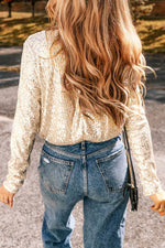 Load image into Gallery viewer, Beige Sequin Long Sleeve Wrap V Neck Bodysuit - Fashion Queen -  2
