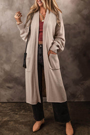 Beige Side Pockets Open Front Long Knitted Cardigan - Fashion Queen -  1