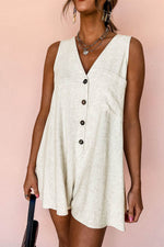 Load image into Gallery viewer, Beige Sleeveless V Neck Buttoned Front Chest Pocket Romper - Fashion Queen -  1
