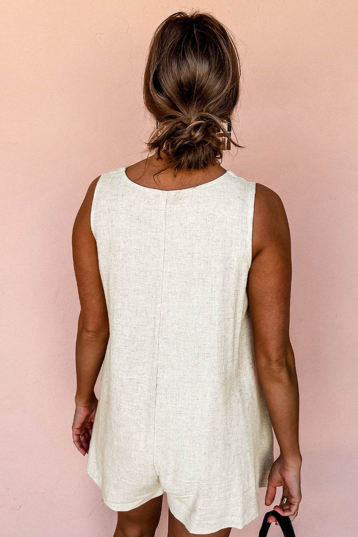 Beige Sleeveless V Neck Buttoned Front Chest Pocket Romper - Fashion Queen -  2