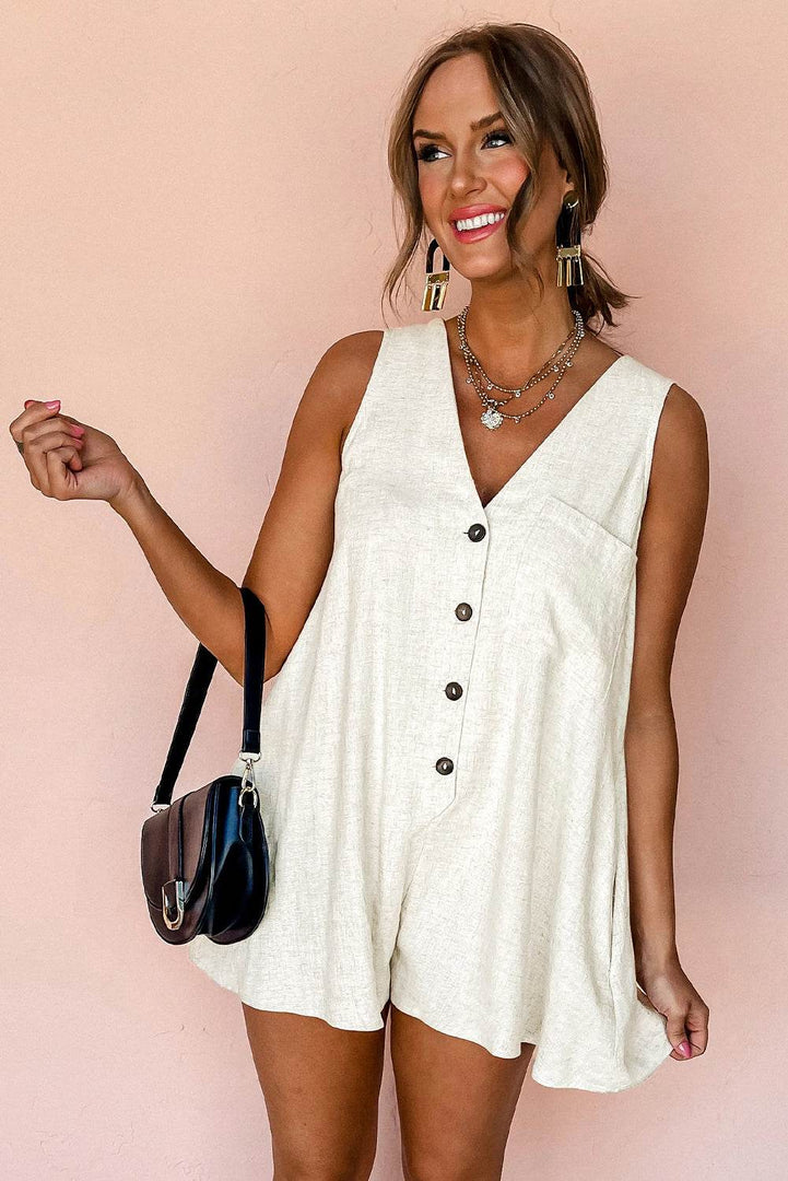 Beige Sleeveless V Neck Buttoned Front Chest Pocket Romper - Fashion Queen -  5