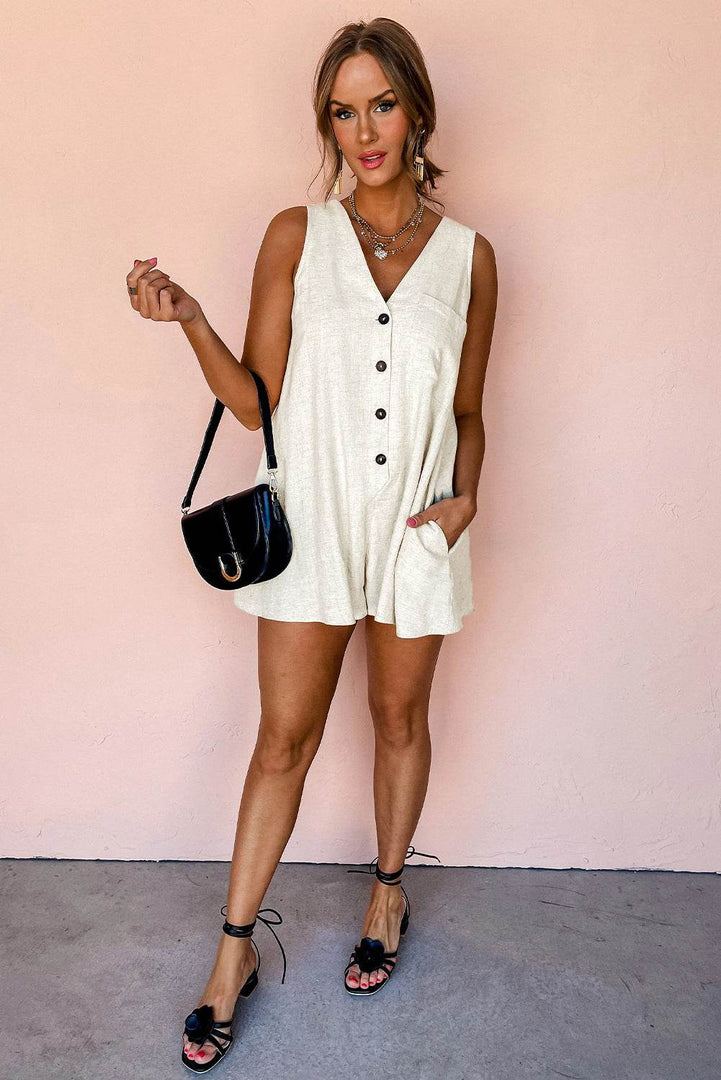 Beige Sleeveless V Neck Buttoned Front Chest Pocket Romper - Fashion Queen -  6