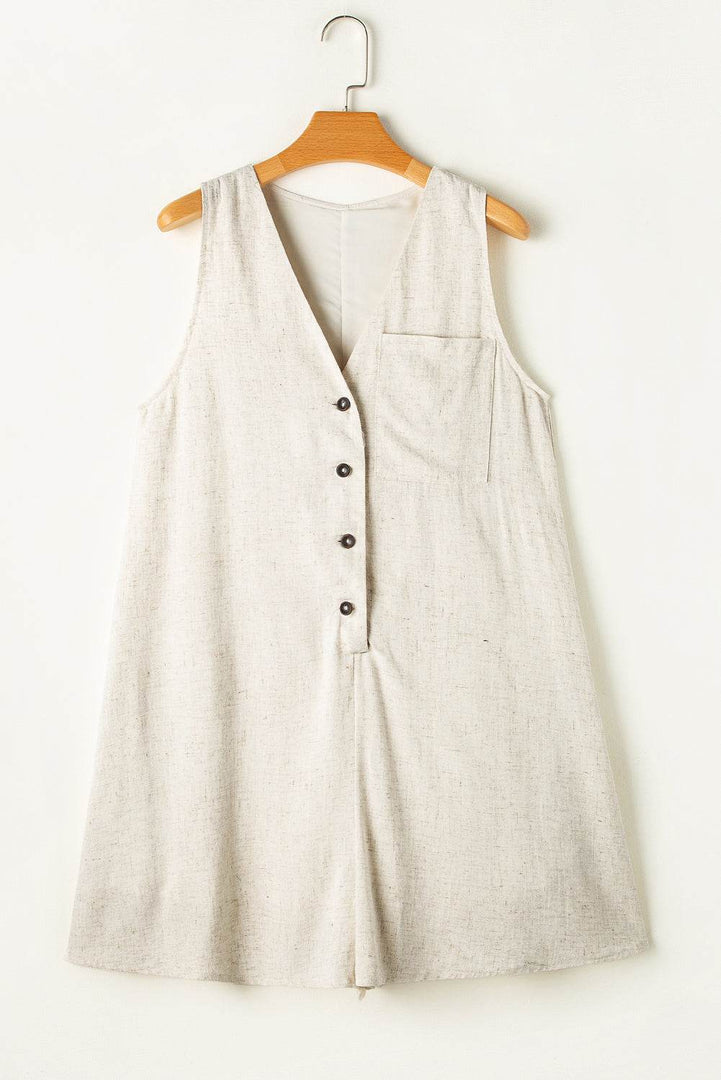 Beige Sleeveless V Neck Buttoned Front Chest Pocket Romper - Fashion Queen -  7