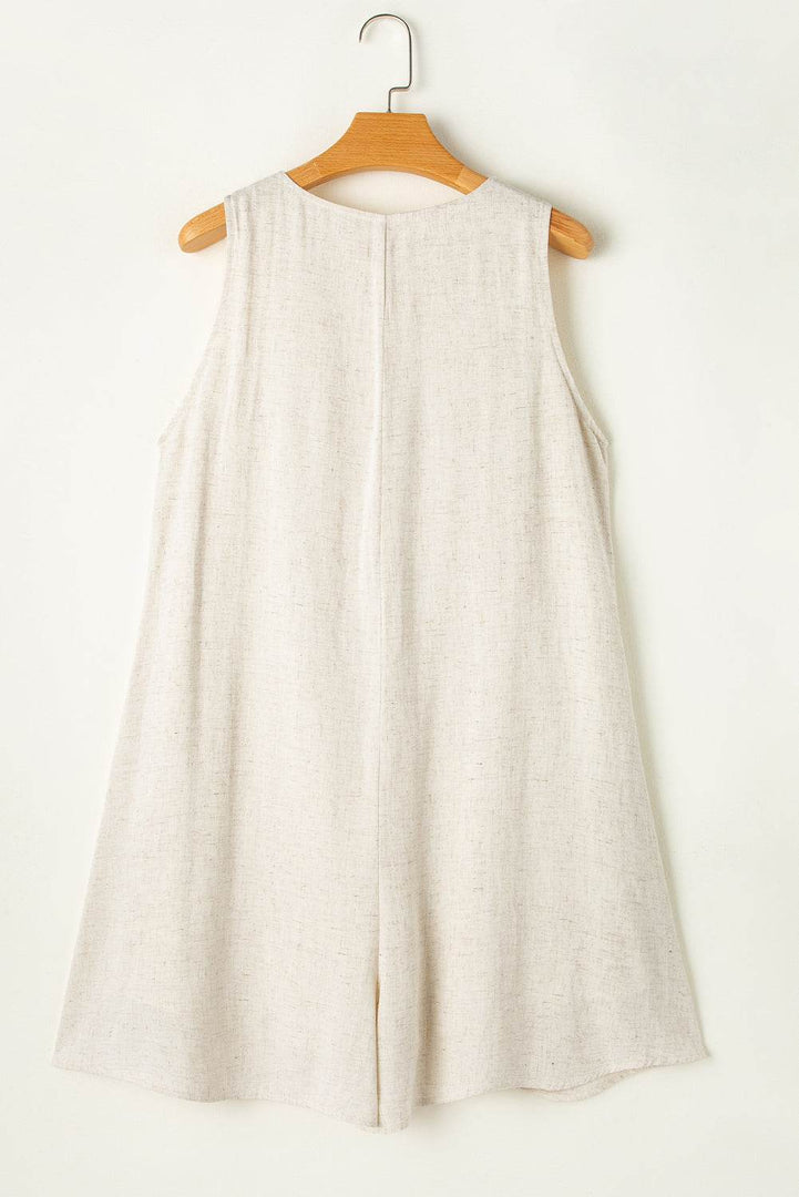 Beige Sleeveless V Neck Buttoned Front Chest Pocket Romper - Fashion Queen -  8
