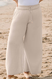 Beige Smocked High Waist Wide Leg Plus Size Pants - Fashion Queen -  1