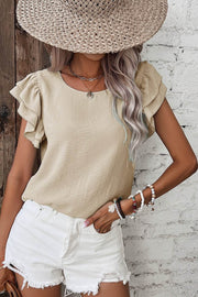 Beige Solid Color Ruffled Short Sleeve Casual Blouse - Fashion Queen -  1