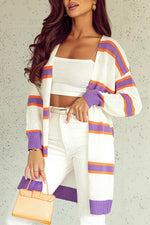 Load image into Gallery viewer, Beige Striped Long Sleeve Ribbed Trim Button Cardigan - Fashion Queen -  10
