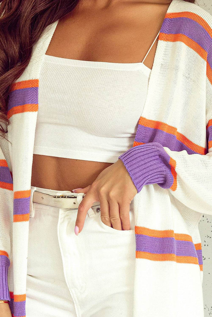 Beige Striped Long Sleeve Ribbed Trim Button Cardigan - Fashion Queen -  11