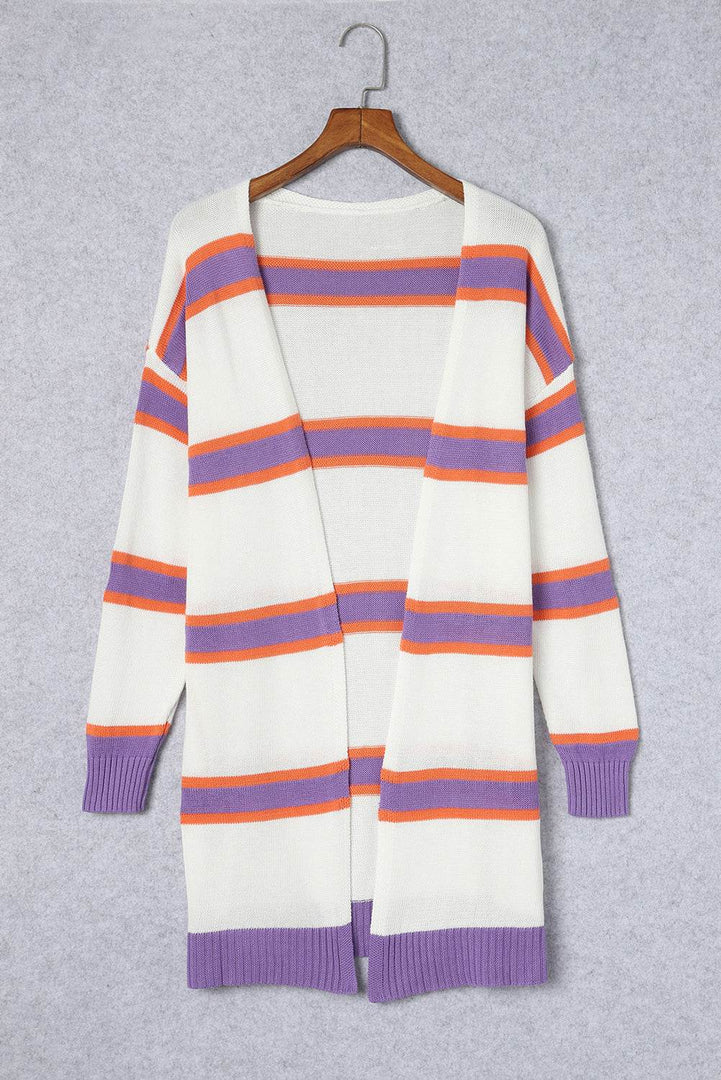 Beige Striped Long Sleeve Ribbed Trim Button Cardigan - Fashion Queen -  12