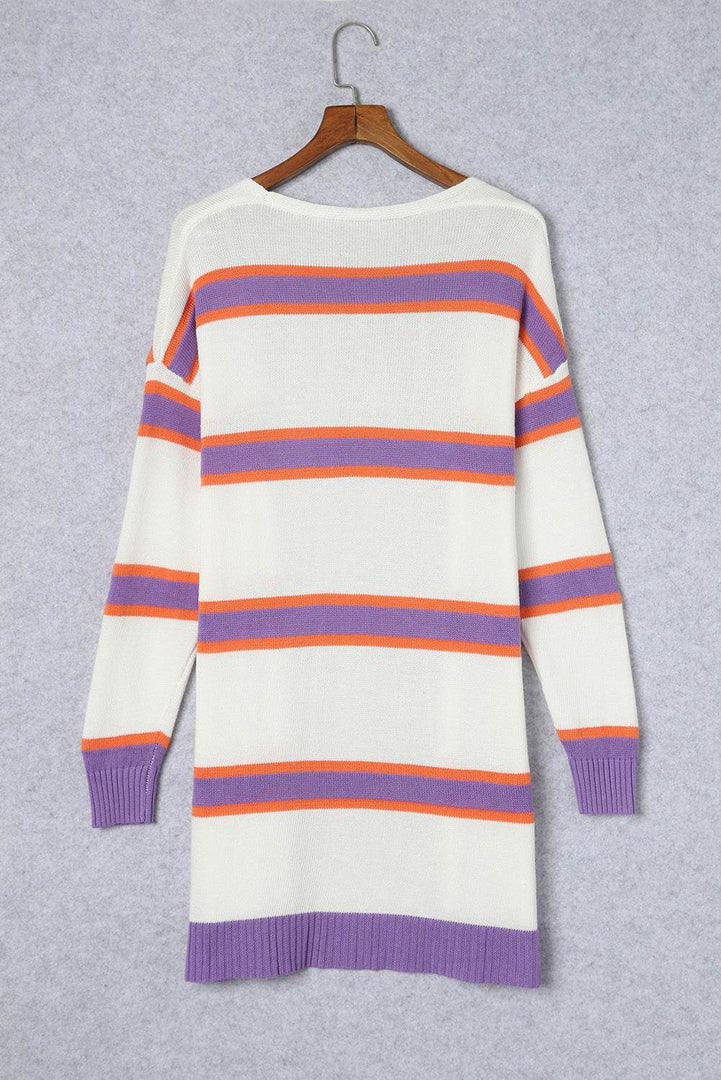 Beige Striped Long Sleeve Ribbed Trim Button Cardigan - Fashion Queen -  13
