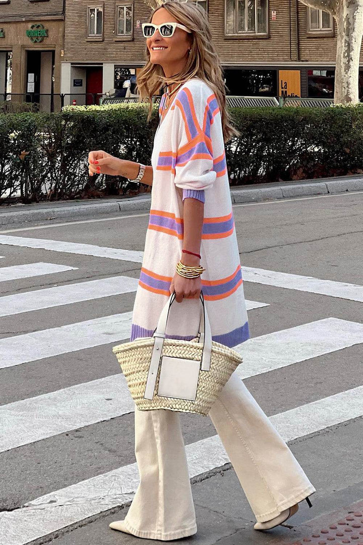 Beige Striped Long Sleeve Ribbed Trim Button Cardigan - Fashion Queen -  3
