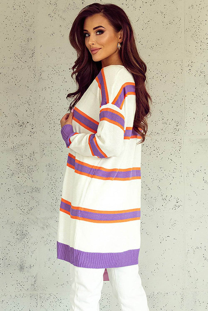 Beige Striped Long Sleeve Ribbed Trim Button Cardigan - Fashion Queen -  7