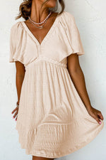 Load image into Gallery viewer, Beige Textured Deep V Neck Cutout Back Mini Dress - Fashion Queen -  1
