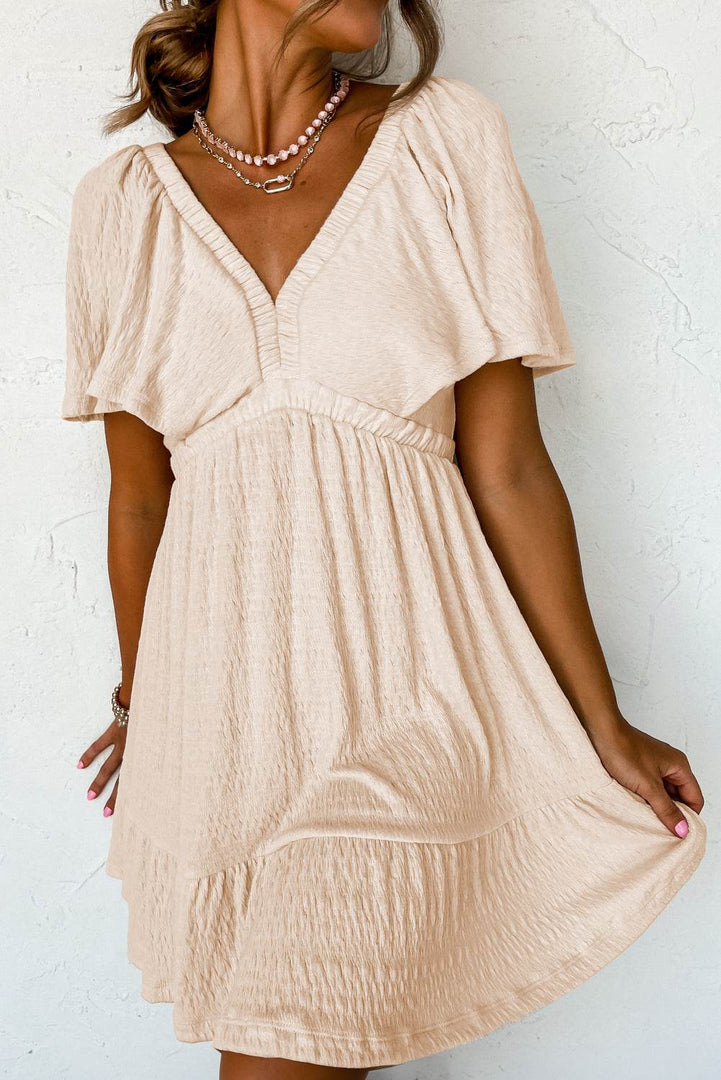 Beige Textured Deep V Neck Cutout Back Mini Dress - Fashion Queen -  1