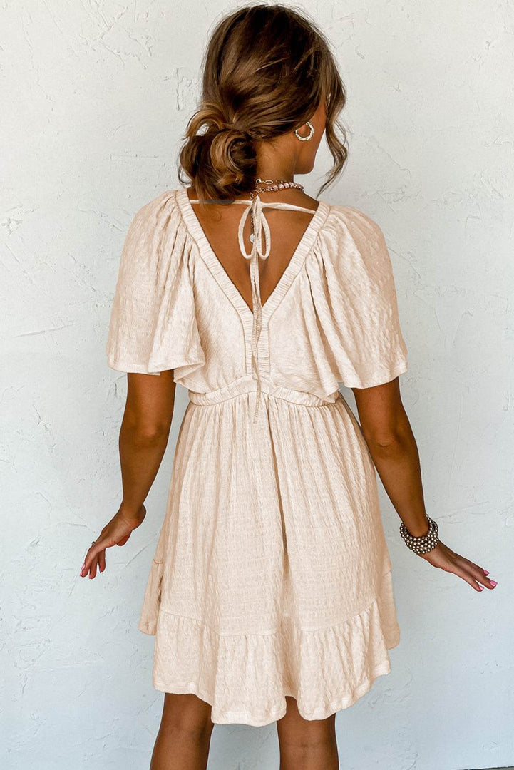 Beige Textured Deep V Neck Cutout Back Mini Dress - Fashion Queen -  2