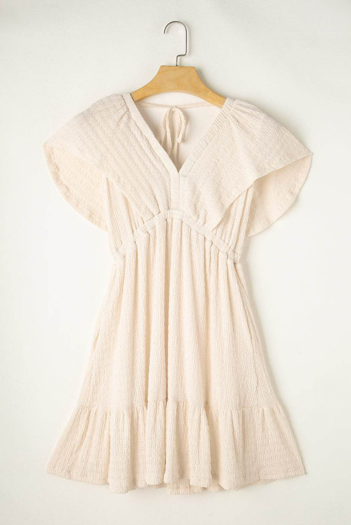 Beige Textured Deep V Neck Cutout Back Mini Dress - Fashion Queen -  3
