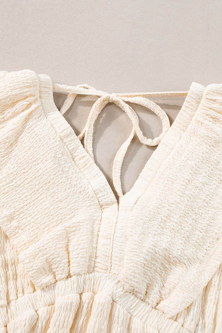 Beige Textured Deep V Neck Cutout Back Mini Dress - Fashion Queen -  5