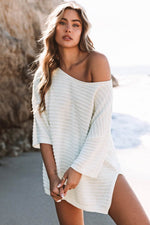 Load image into Gallery viewer, Beige Textured Knit Drop Shoulder Short Sleeve Sweater - Fashion Queen -  1
