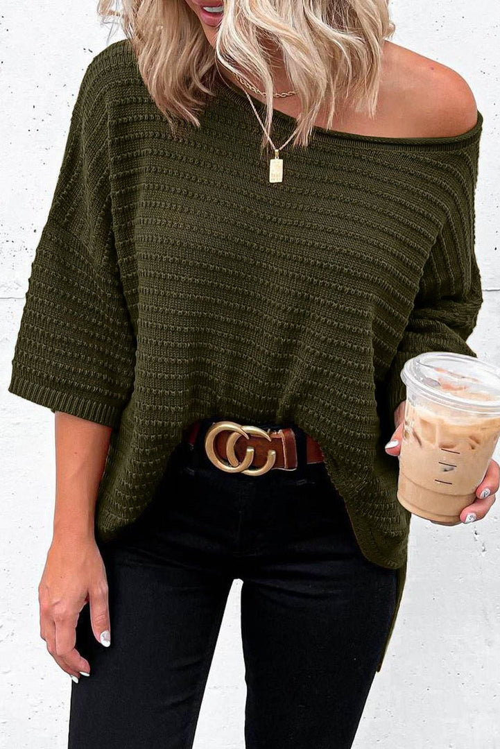 Beige Textured Knit Drop Shoulder Short Sleeve Sweater - Fashion Queen -  11