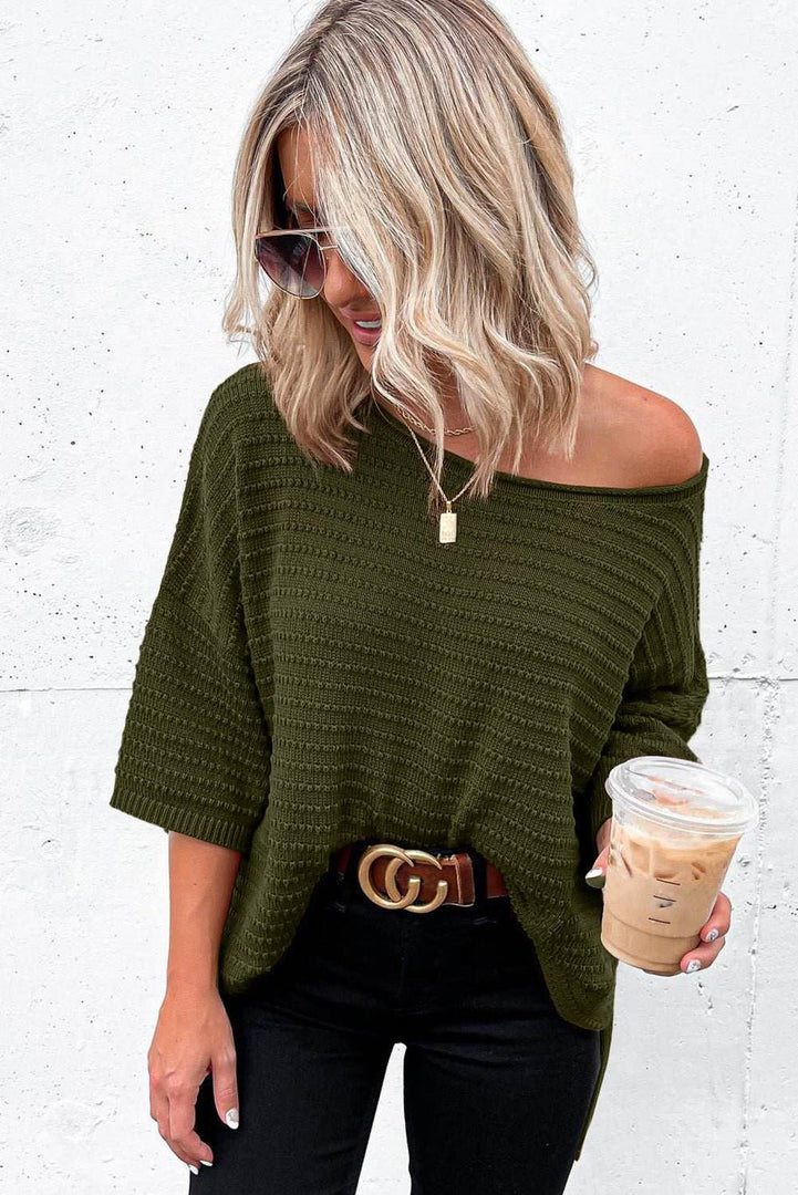 Beige Textured Knit Drop Shoulder Short Sleeve Sweater - Fashion Queen -  13