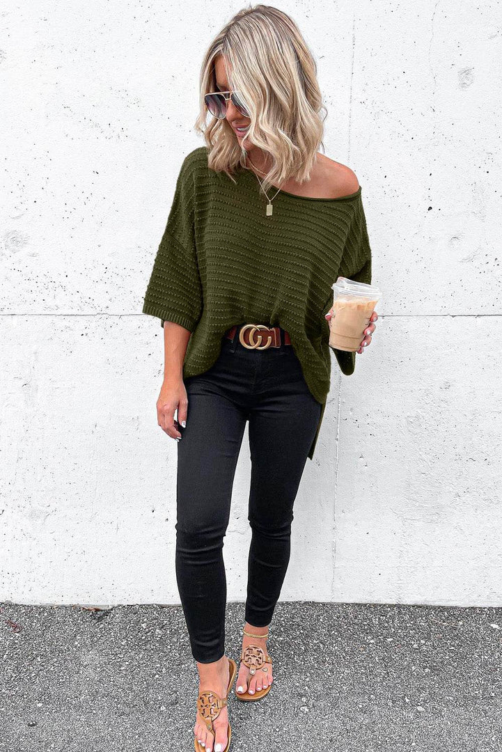 Beige Textured Knit Drop Shoulder Short Sleeve Sweater - Fashion Queen -  14
