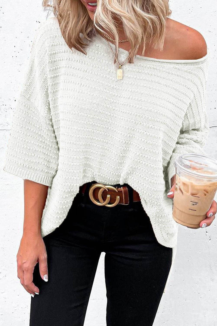 Beige Textured Knit Drop Shoulder Short Sleeve Sweater - Fashion Queen -  6
