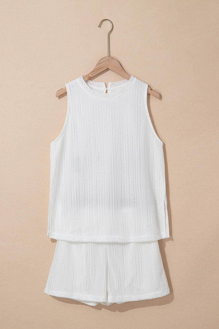 Beige Textured Knit Tank Top and Drawstring Shorts Set - Fashion Queen -  10
