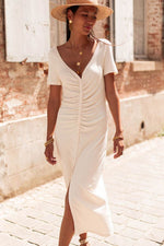 Load image into Gallery viewer, Beige V Neck Ruched Button Front French T-shirt Dress - Fashion Queen -  4
