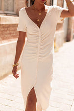 Load image into Gallery viewer, Beige V Neck Ruched Button Front French T-shirt Dress - Fashion Queen -  5
