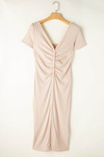 Load image into Gallery viewer, Beige V Neck Ruched Button Front French T-shirt Dress - Fashion Queen -  6
