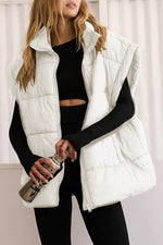 Load image into Gallery viewer, Beige Zipper Stand Neck Oversized Puffer Vest - Fashion Queen -  1

