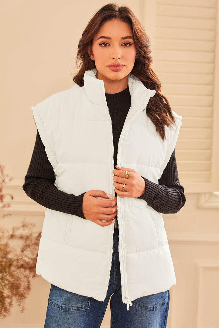 Beige Zipper Stand Neck Oversized Puffer Vest - Fashion Queen -  10