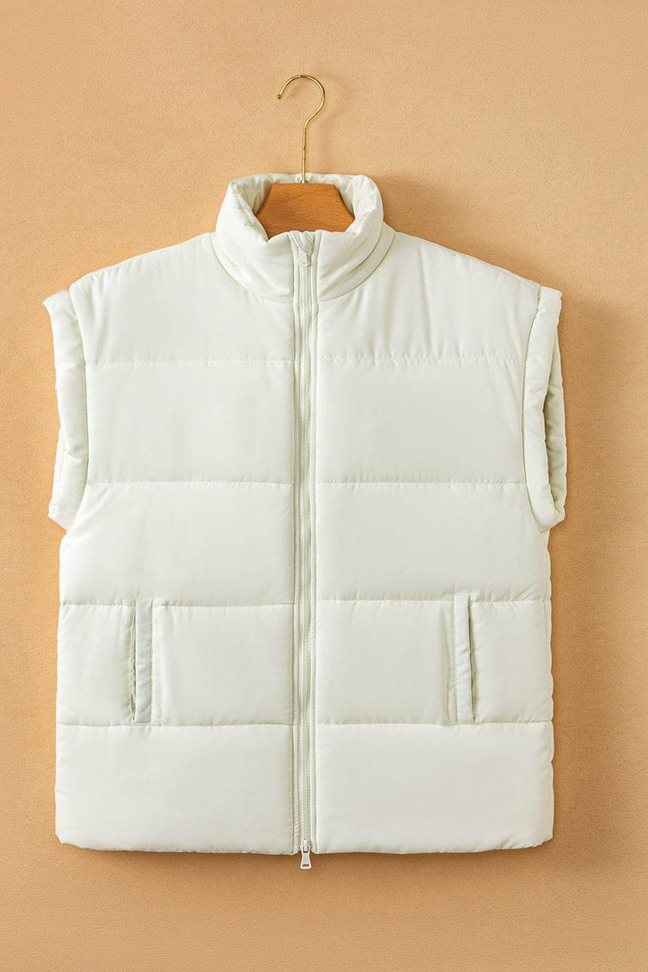 Beige Zipper Stand Neck Oversized Puffer Vest - Fashion Queen -  13