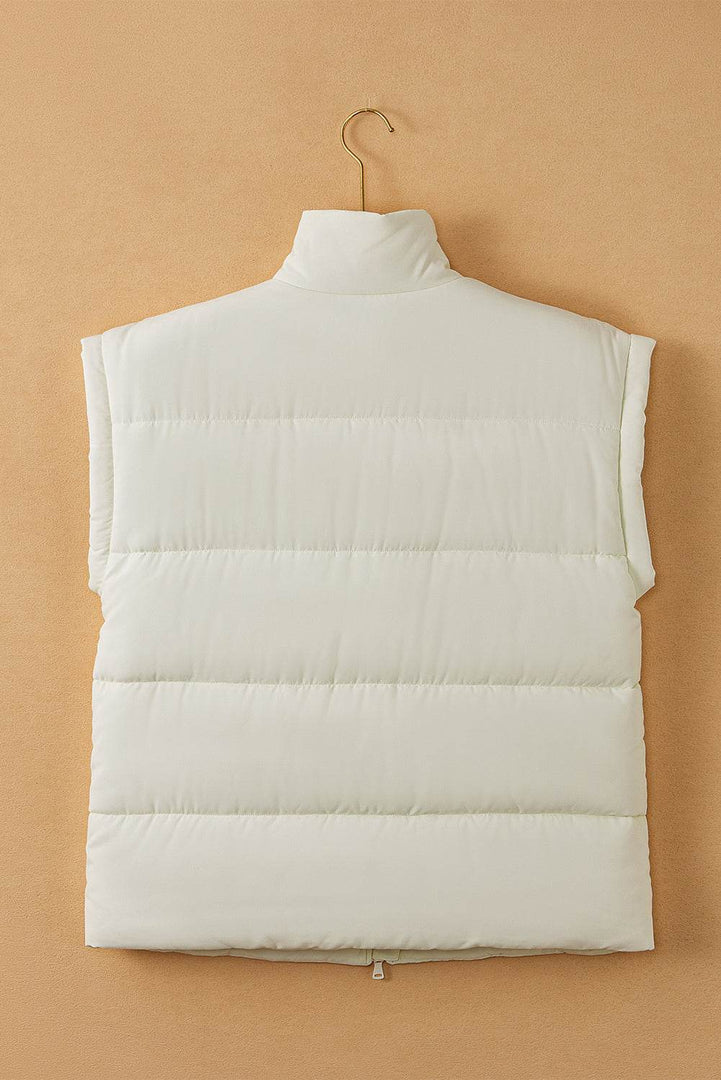 Beige Zipper Stand Neck Oversized Puffer Vest - Fashion Queen -  14