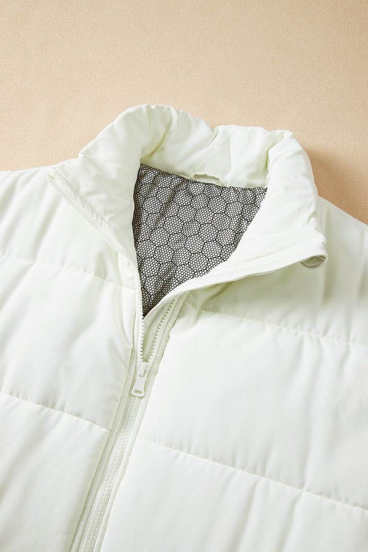 Beige Zipper Stand Neck Oversized Puffer Vest - Fashion Queen -  21