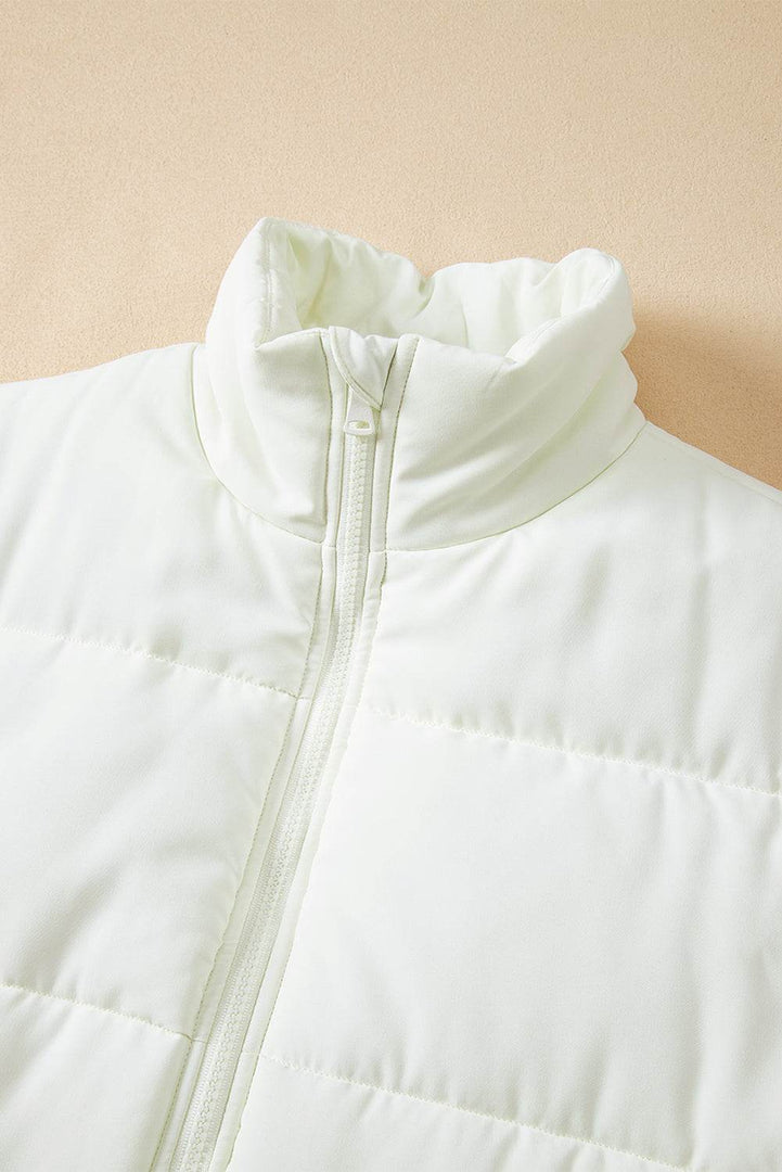 Beige Zipper Stand Neck Oversized Puffer Vest - Fashion Queen -  22