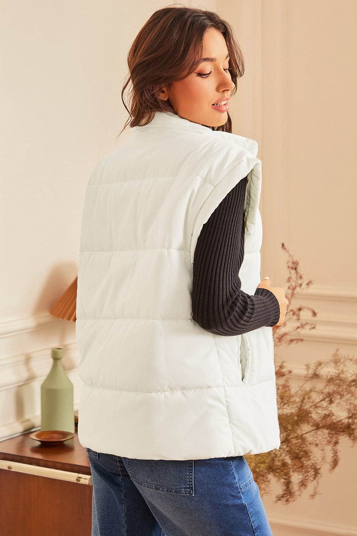 Beige Zipper Stand Neck Oversized Puffer Vest - Fashion Queen -  3