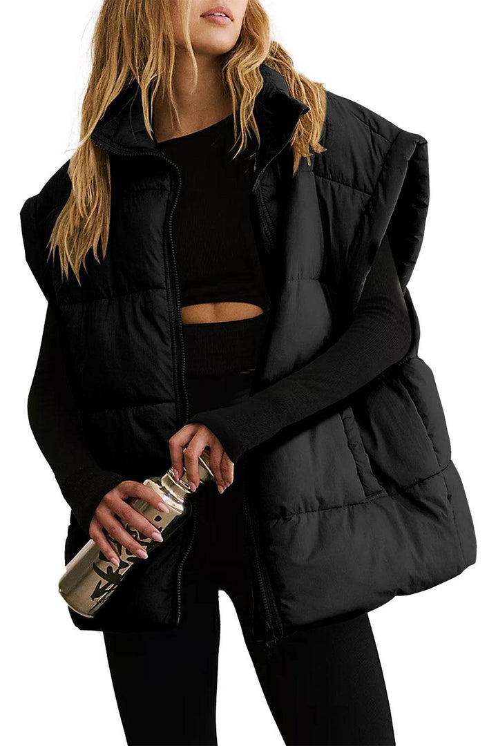 Beige Zipper Stand Neck Oversized Puffer Vest - Fashion Queen -  5