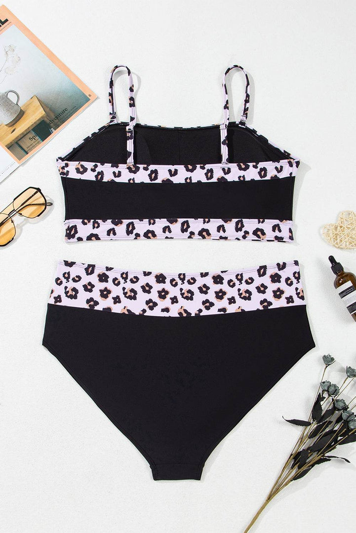 Black 2pcs Leopard Patchwork Plus Size High Waisted Swimsuit - Fashion Queen -  13