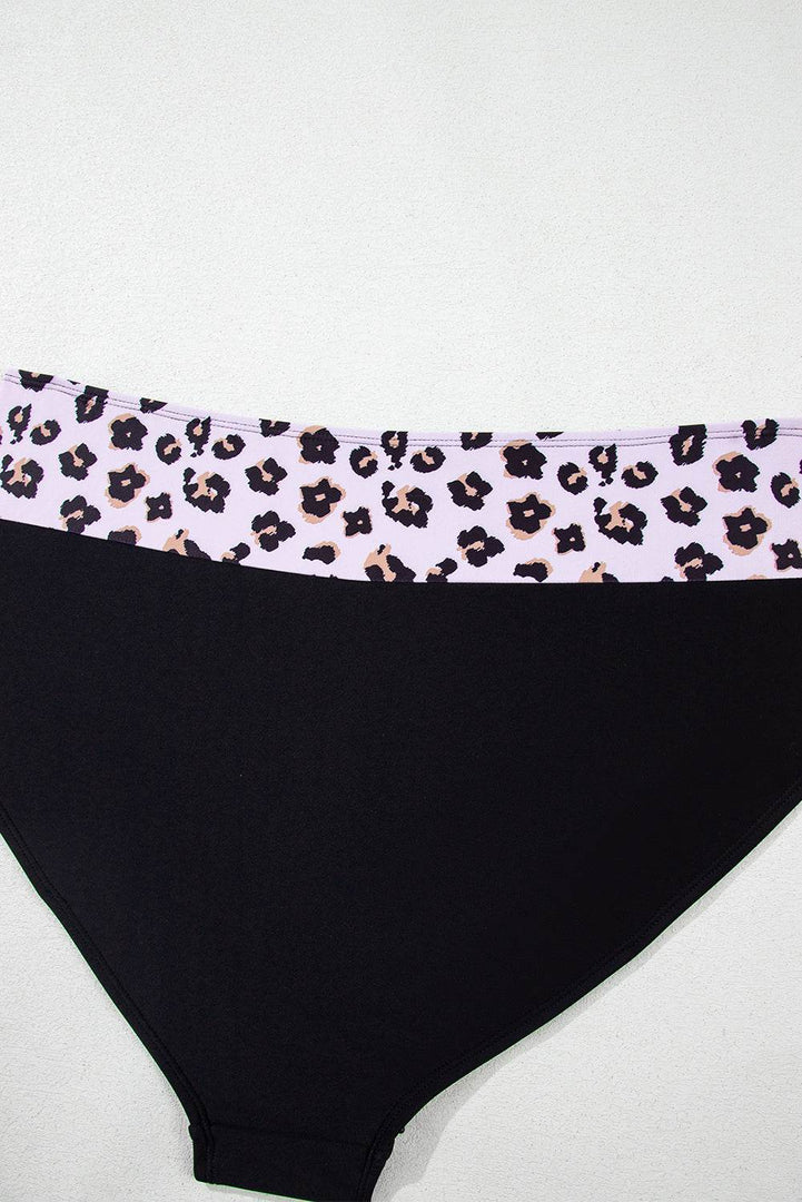 Black 2pcs Leopard Patchwork Plus Size High Waisted Swimsuit - Fashion Queen -  18