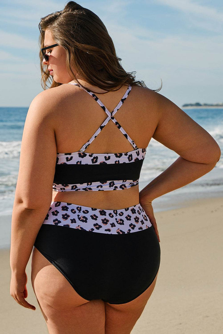 Black 2pcs Leopard Patchwork Plus Size High Waisted Swimsuit - Fashion Queen -  2