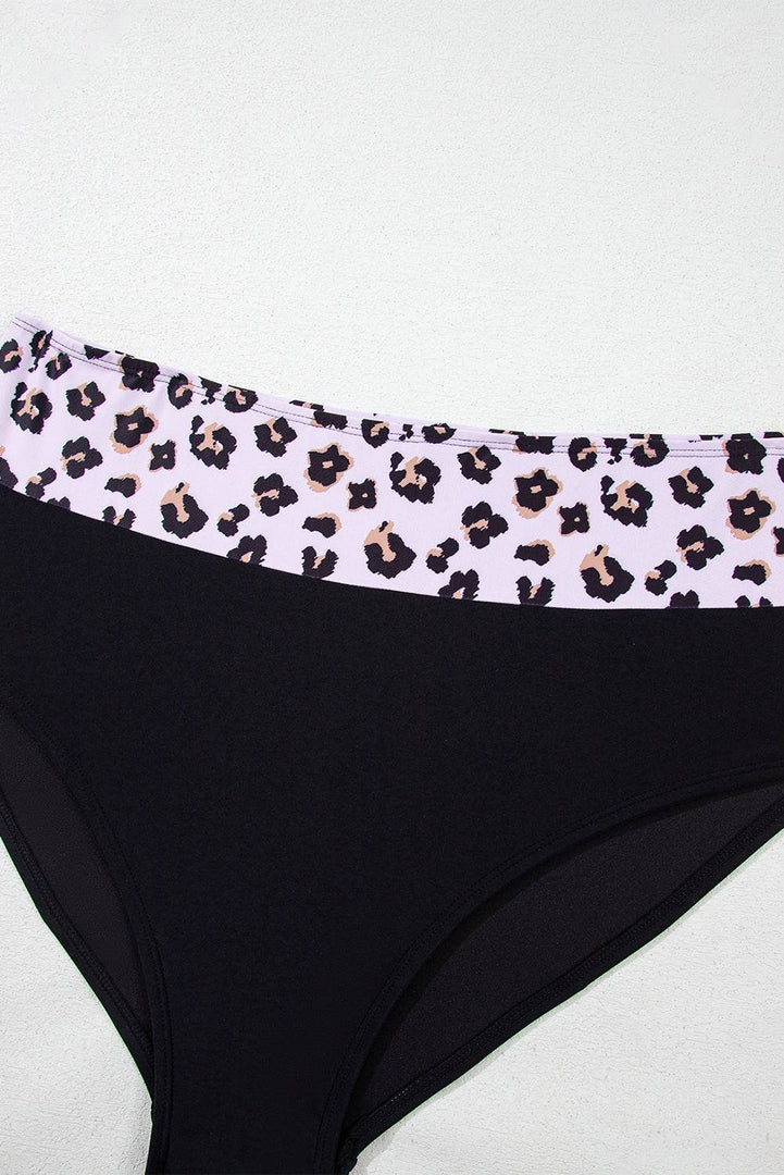 Black 2pcs Leopard Patchwork Plus Size High Waisted Swimsuit - Fashion Queen -  22