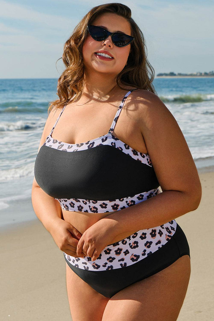 Black 2pcs Leopard Patchwork Plus Size High Waisted Swimsuit - Fashion Queen -  4