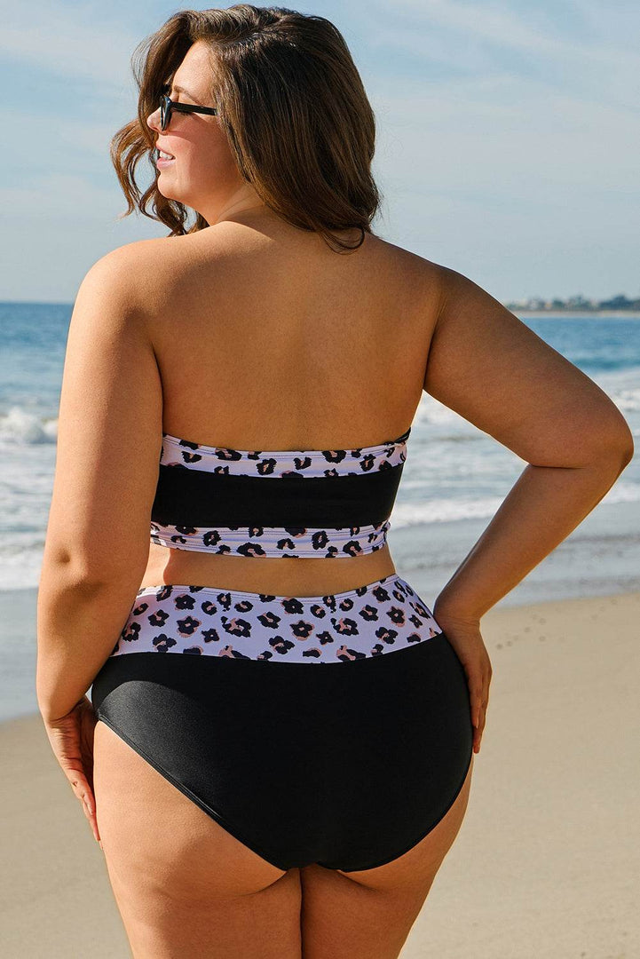 Black 2pcs Leopard Patchwork Plus Size High Waisted Swimsuit - Fashion Queen -  6