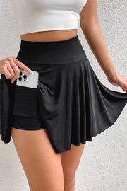 Black A-line Draped High Waist Phone Pocket Lined Skort - Fashion Queen -  1