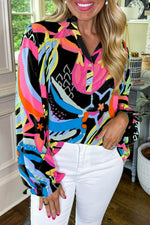 Load image into Gallery viewer, Black Abstract Print Ruffled Sleeve Buttoned V Neck Blouse - Fashion Queen -  1
