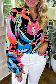 Black Abstract Print Ruffled Sleeve Buttoned V Neck Blouse - Fashion Queen -  1