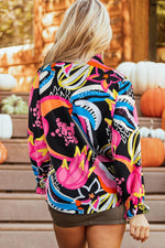 Load image into Gallery viewer, Black Abstract Print Ruffled Sleeve Buttoned V Neck Blouse - Fashion Queen -  11
