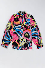 Load image into Gallery viewer, Black Abstract Print Ruffled Sleeve Buttoned V Neck Blouse - Fashion Queen -  12
