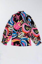Load image into Gallery viewer, Black Abstract Print Ruffled Sleeve Buttoned V Neck Blouse - Fashion Queen -  13
